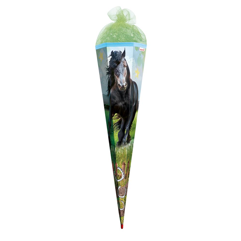 Roth Schultüte Power Pferd, 85cm, eckig, Rot(h)-Spitze, Tüllverschluss (Netztüll)
