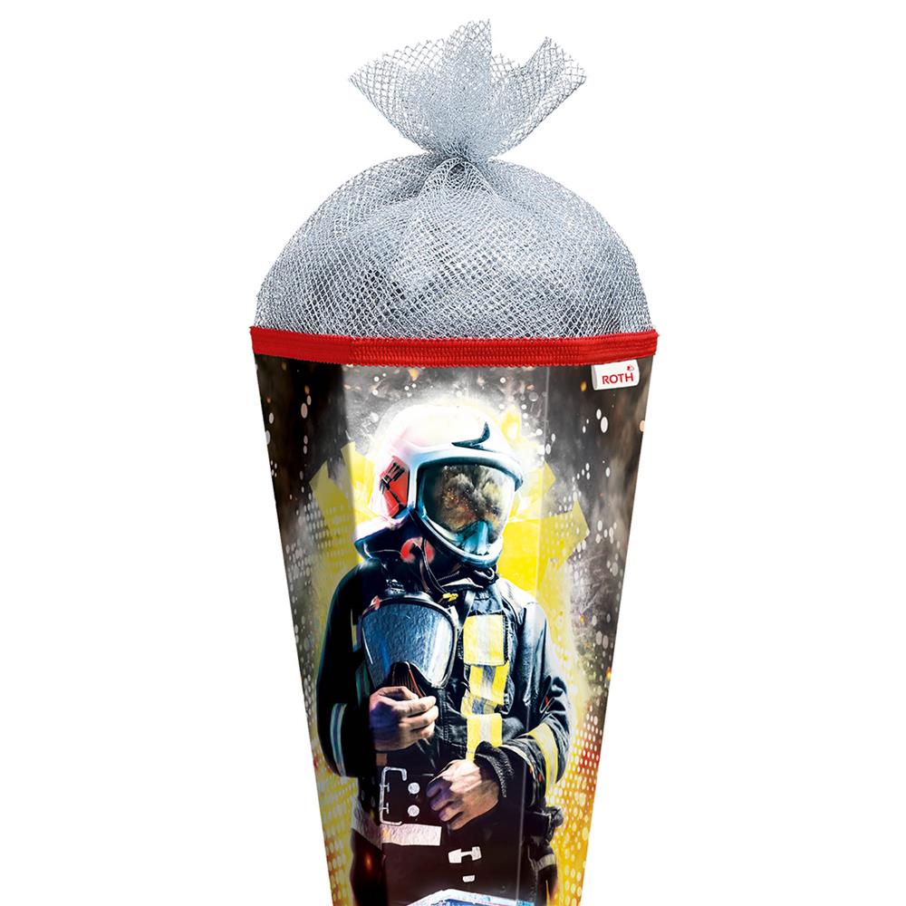 Roth Schultüte Feuerwehrmann, 85cm, eckig, Rot(h)-Spitze, Tüllverschluss (Silbertüll), Folieneffekt