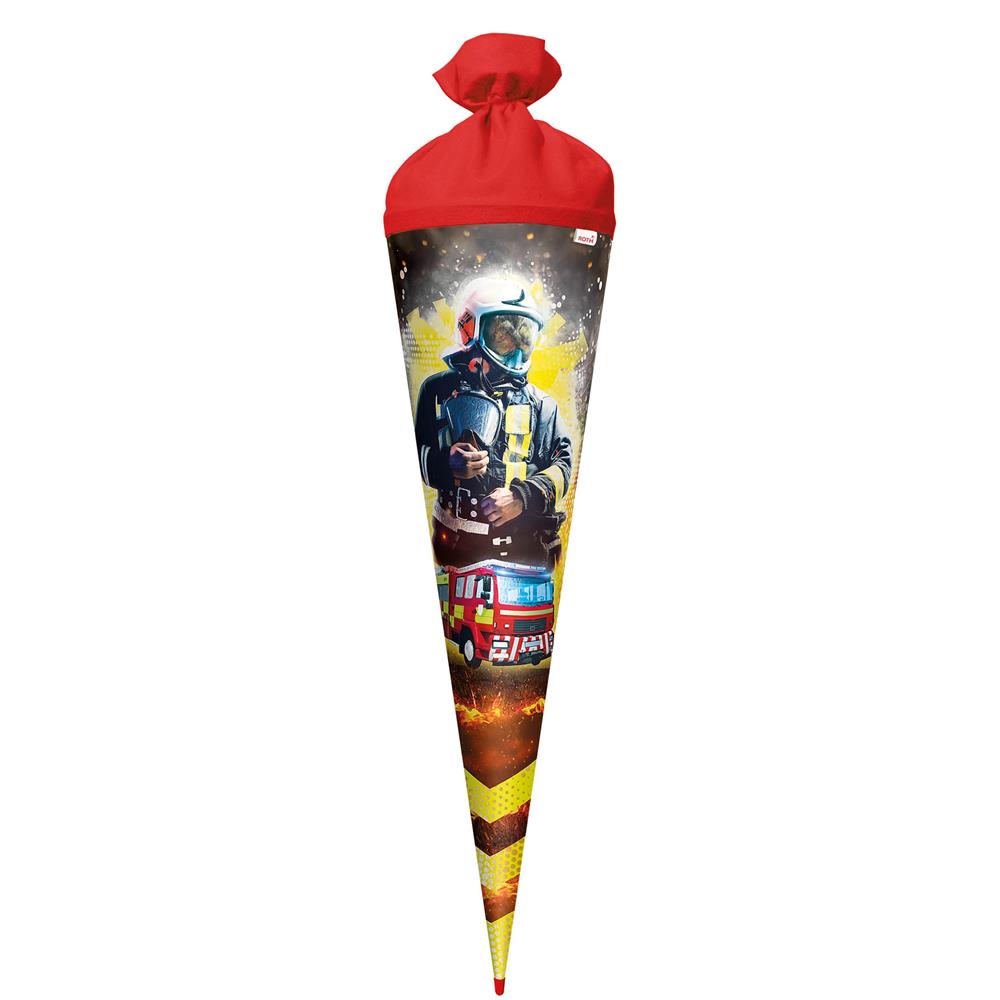 Roth Schultüte Feuerwehrmann, 70cm, rund, Rot(h)-Spitze, Filzverschluss, Folieneffekt
