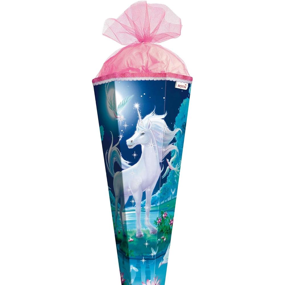 Roth Schultüte Mondscheineinhorn mit Glitter, 85cm, eckig, mit Rot(h)-Spitze und rosa Tüllverschluss