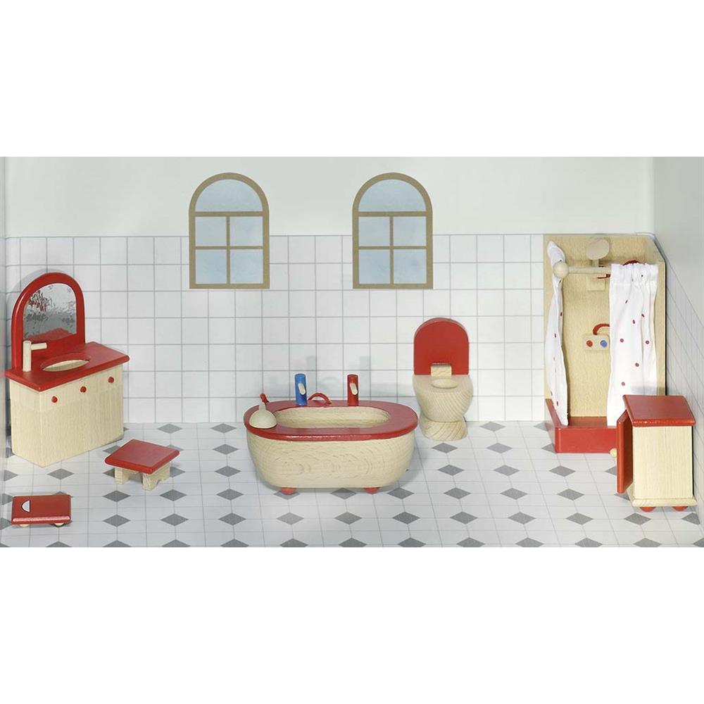 goki Puppenmöbel Badezimmer, 8-teiliges Puppenhauszubehör aus Holz