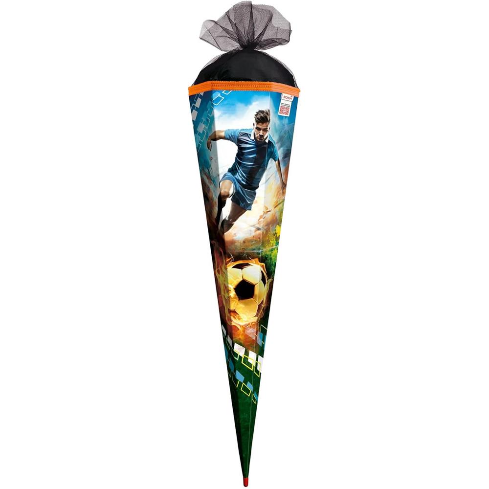 Roth Schultüte Fußballer/Soccer, 85cm, eckig, Rot(h)-Spitze, Tüllverschluss, mit Sound
