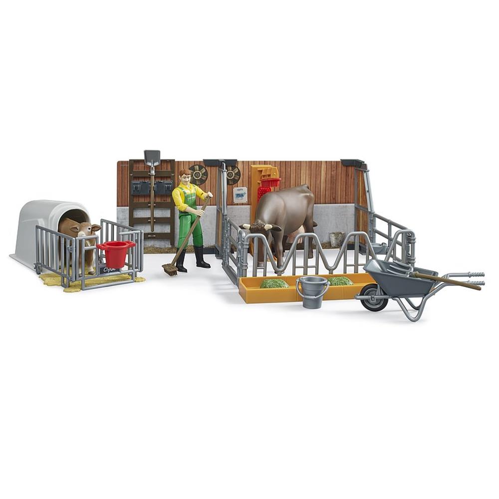 Bruder 62611 - bworld Kuh- und Kälberstall mit Landwirt, Kuh und Kalb