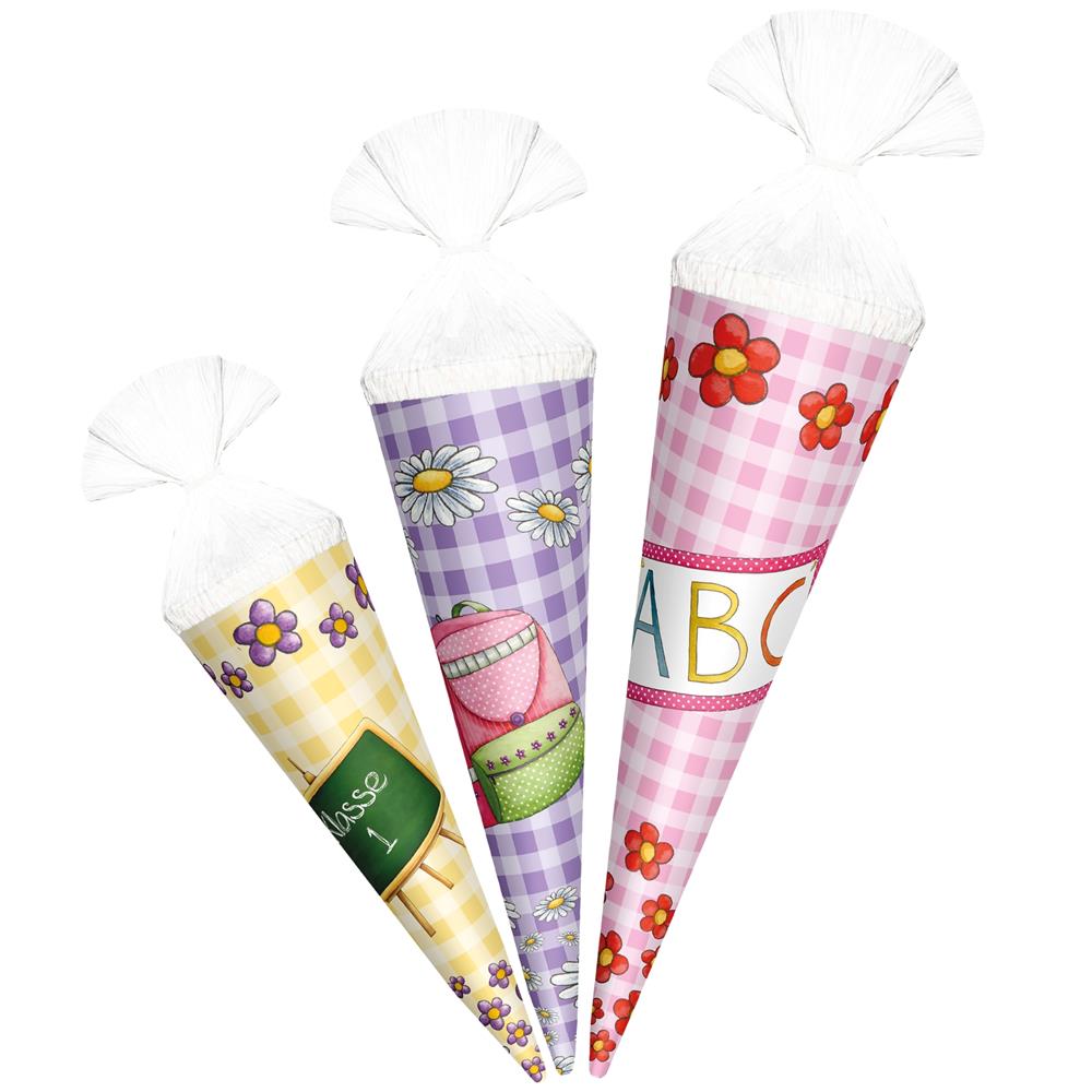 Roth Deko-Schultüten Set bunt Mädchen, 10/12,5/15 cm – 3er Set Anhängetütchen