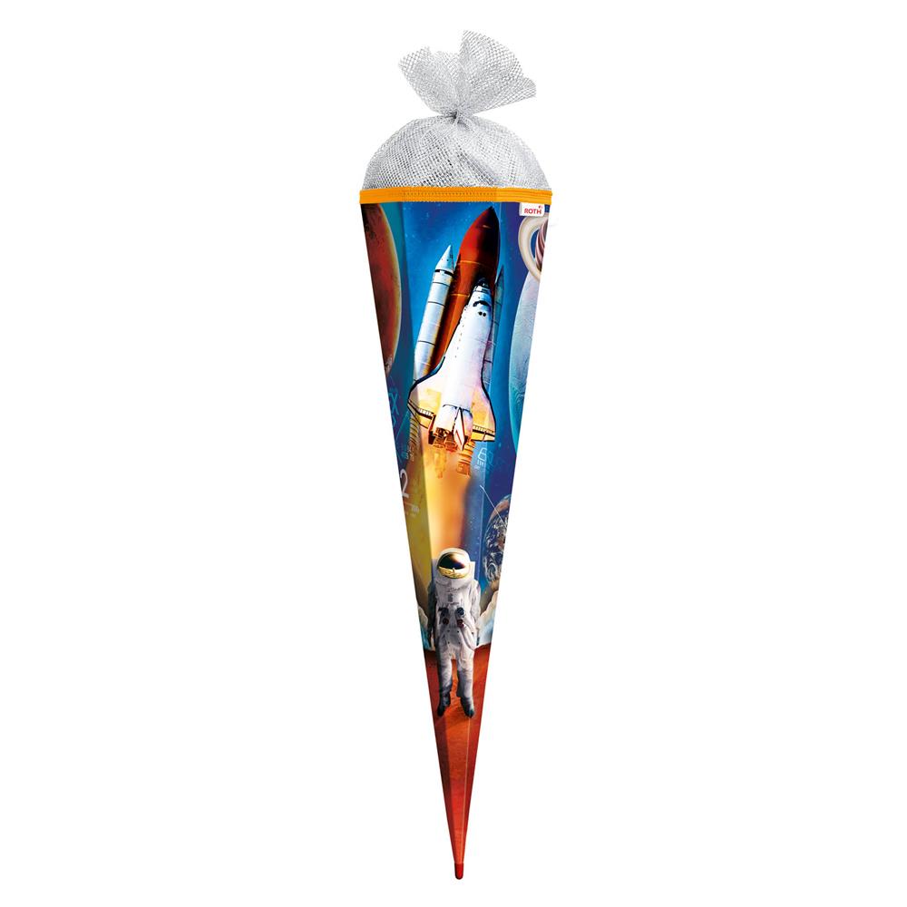 Roth Schultüte Weltraum, 85cm, eckig, Rot(h)-Spitze, Tüllverschluss (Silbertüll)