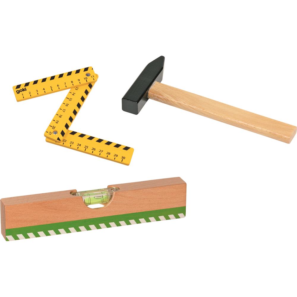 goki Werkzeugset – Holzspielzeug mit Hammer, Zollstock und Wasserwaage, für Kinder ab 3 Jahren