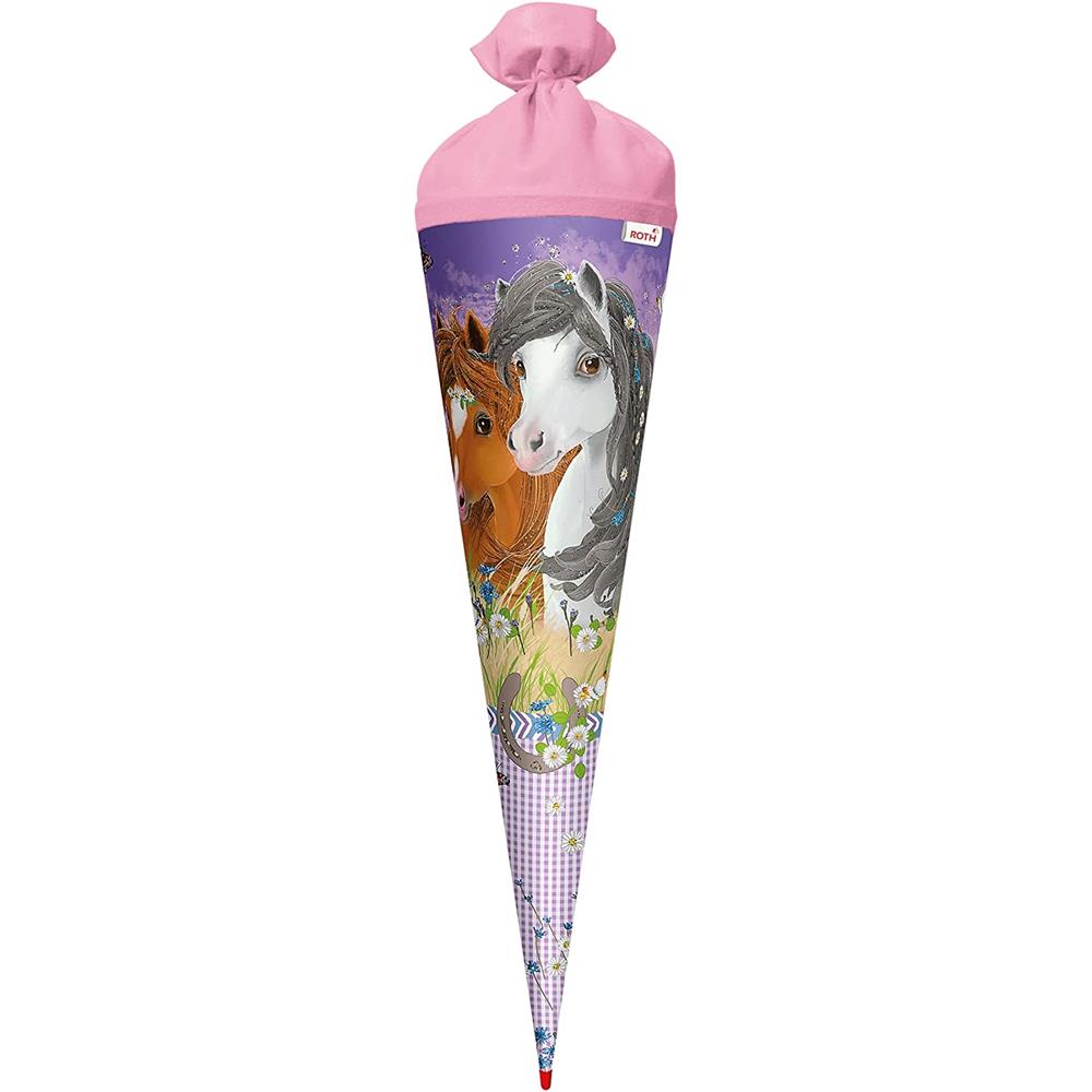 Roth Schultüte Blumenpferde, 70cm, rund, Rot(h)-Spitze, Filzverschluss, Glitter