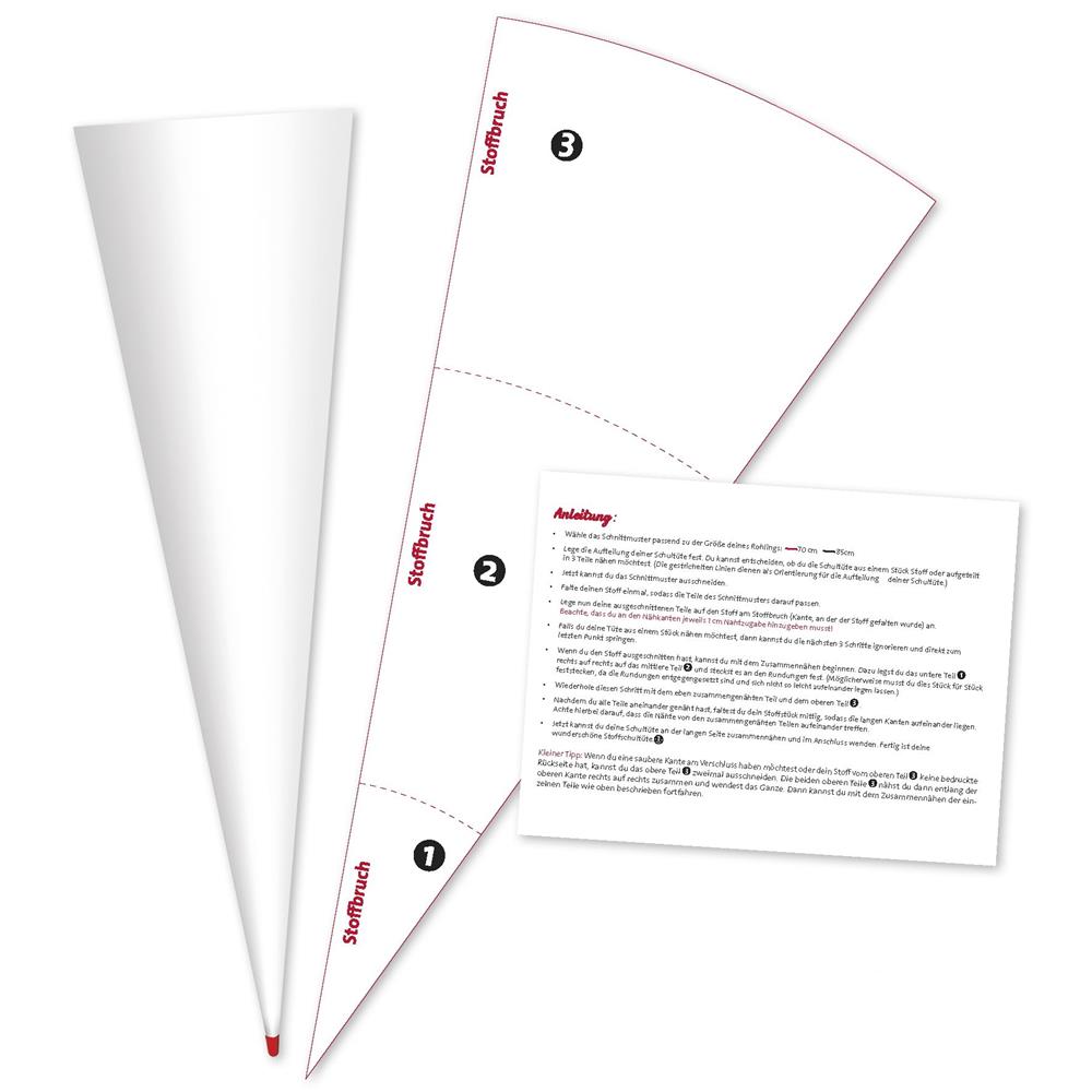 Roth Schultüte-DIY-Set Schnittmuster mit Schultüten-Rohling, 70 cm, rund, Rot(h)-Spitze