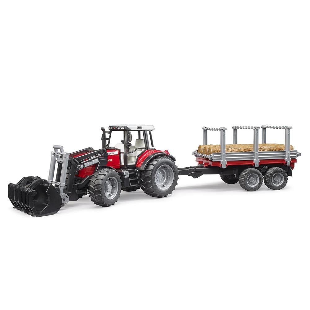Bruder 02046 - Massey Ferguson 7480 mit Frontlader und Holztransportanhänger und 3 Baumstämmen