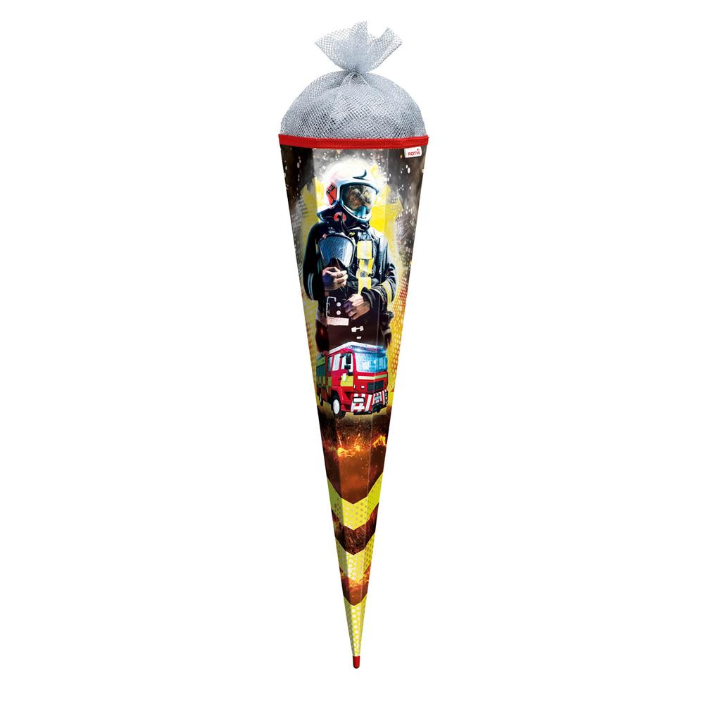 Roth Schultüte Feuerwehrmann, 85cm, eckig, Rot(h)-Spitze, Tüllverschluss (Silbertüll), Folieneffekt