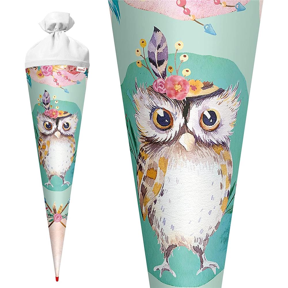 Roth Schultüte Eule Lieselotte, 70cm, rund, Rot(h)-Spitze, Filzverschluss
