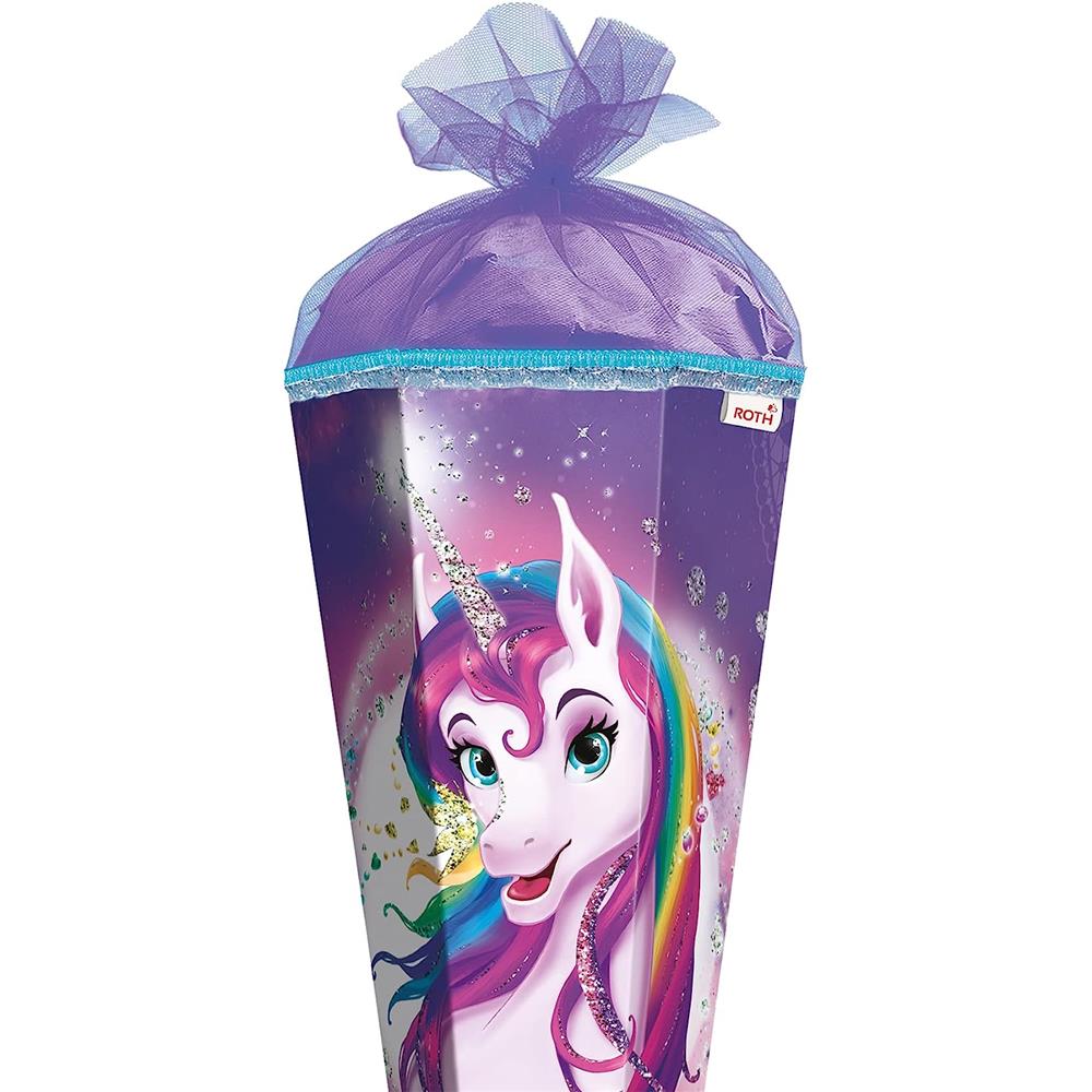 Roth Schultüte Einhornportrait, 85cm, eckig, Rot(h)-Spitze, Tüllverschluss, Glitzer