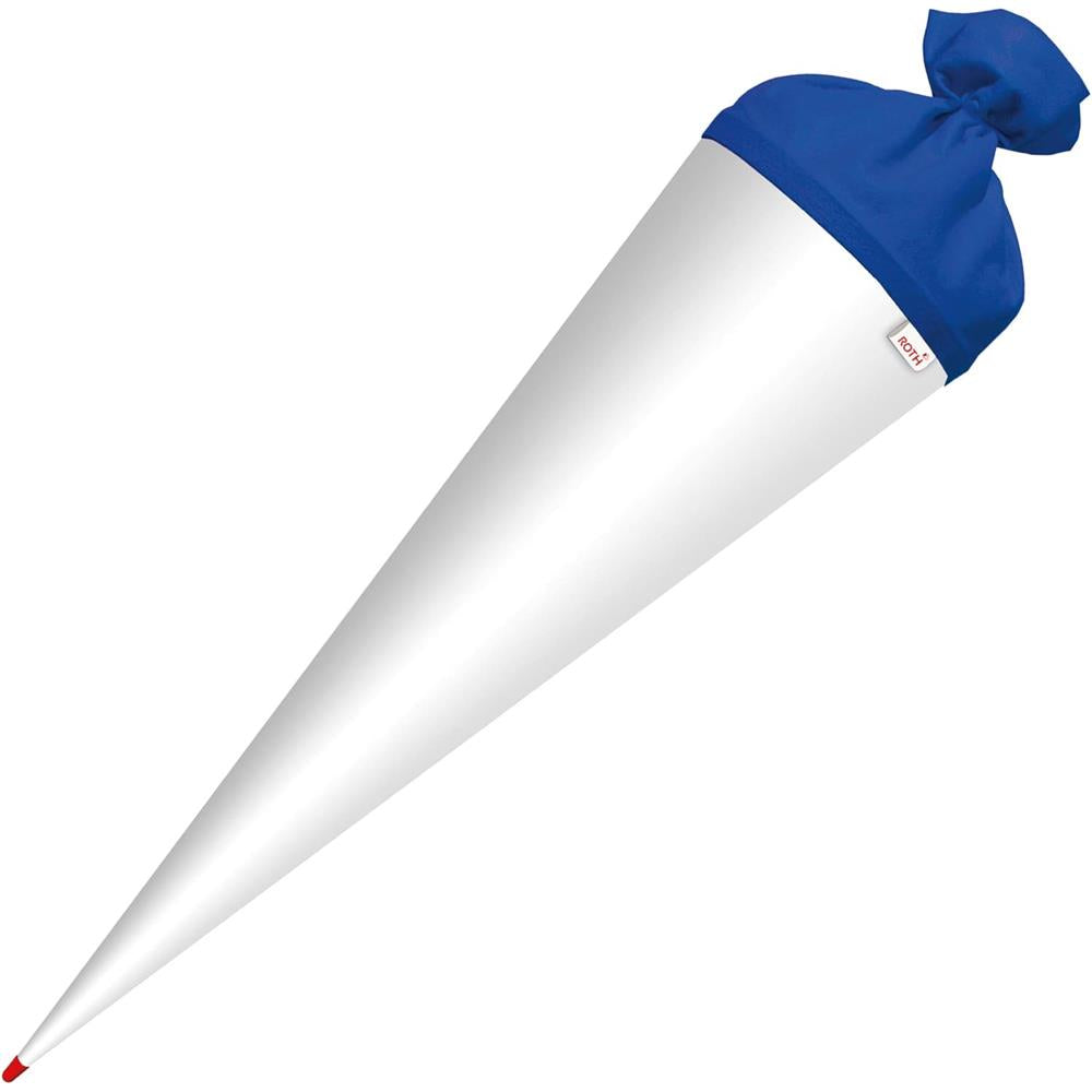 Roth Schultüte-Rohling/Basteltüte, weiß, 70cm, rund, Rot(h)-Spitze, mit Filzverschluss (blau)