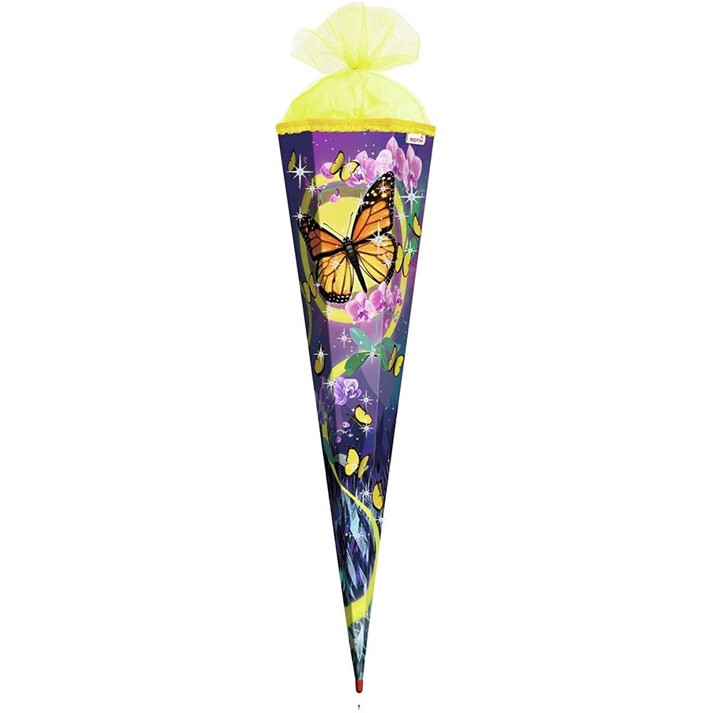 Roth Schultüte Schmetterling, 85cm, eckig, Rot(h)-Spitze, Tüllverschluss, Glitter, Rüschenborte
