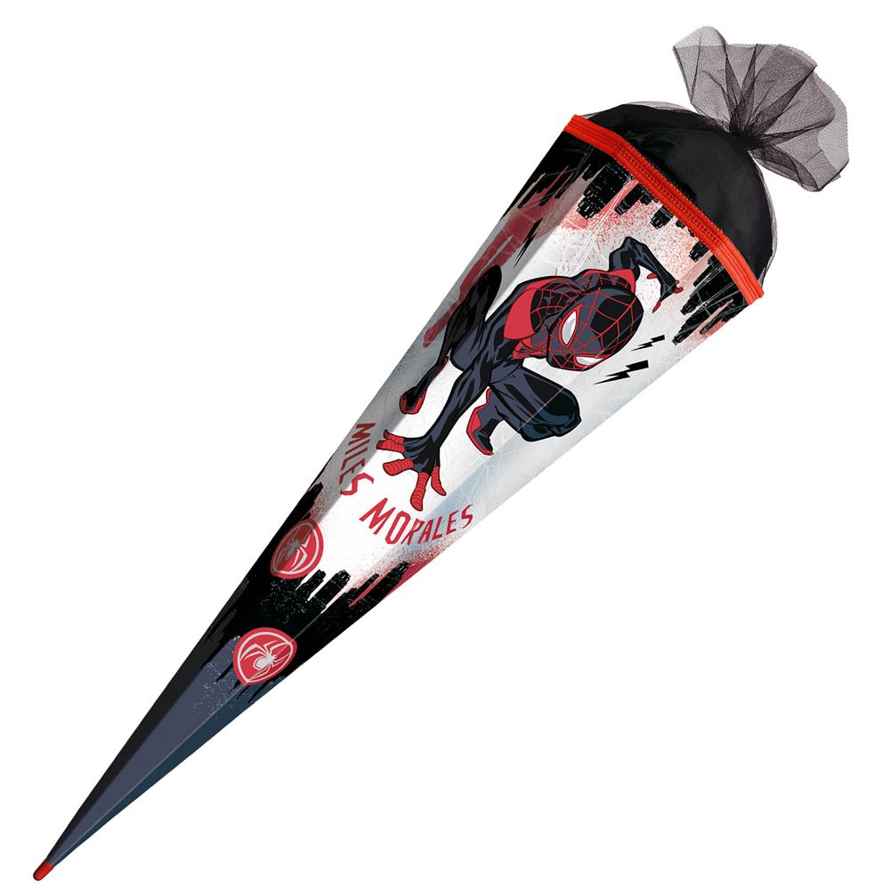 Roth Schultüte Marvel Spiderman (Miles Morales), 85cm, eckig, Rot(h)-Spitze, Tüllverschluss, Folieneffekt