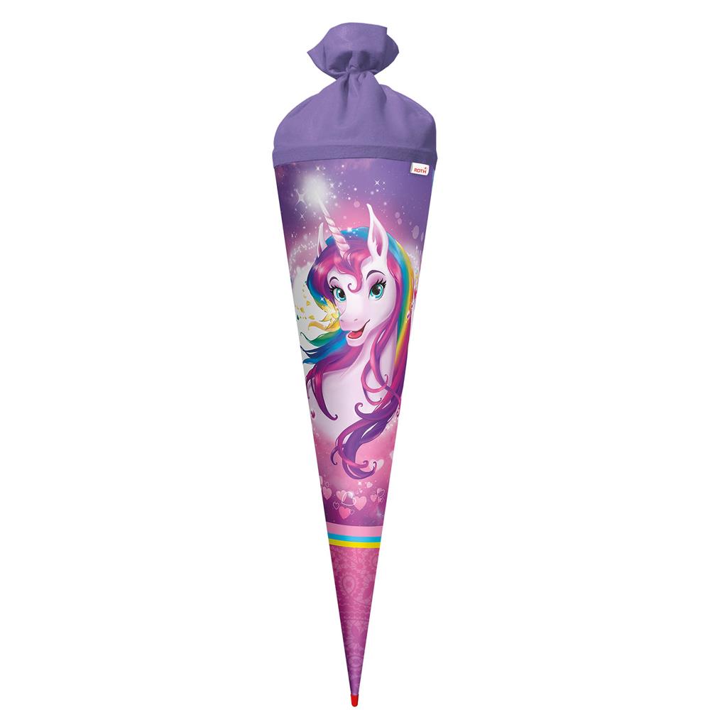 Roth Schultüte Einhornportrait, 70cm, rund, Rot(h)-Spitze, Filzverschluss