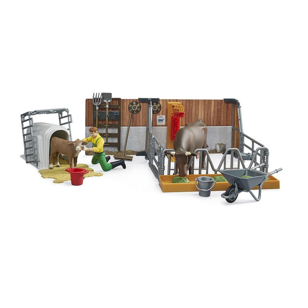 Bruder 62611 - bworld Kuh- und Kälberstall mit Landwirt, Kuh und Kalb