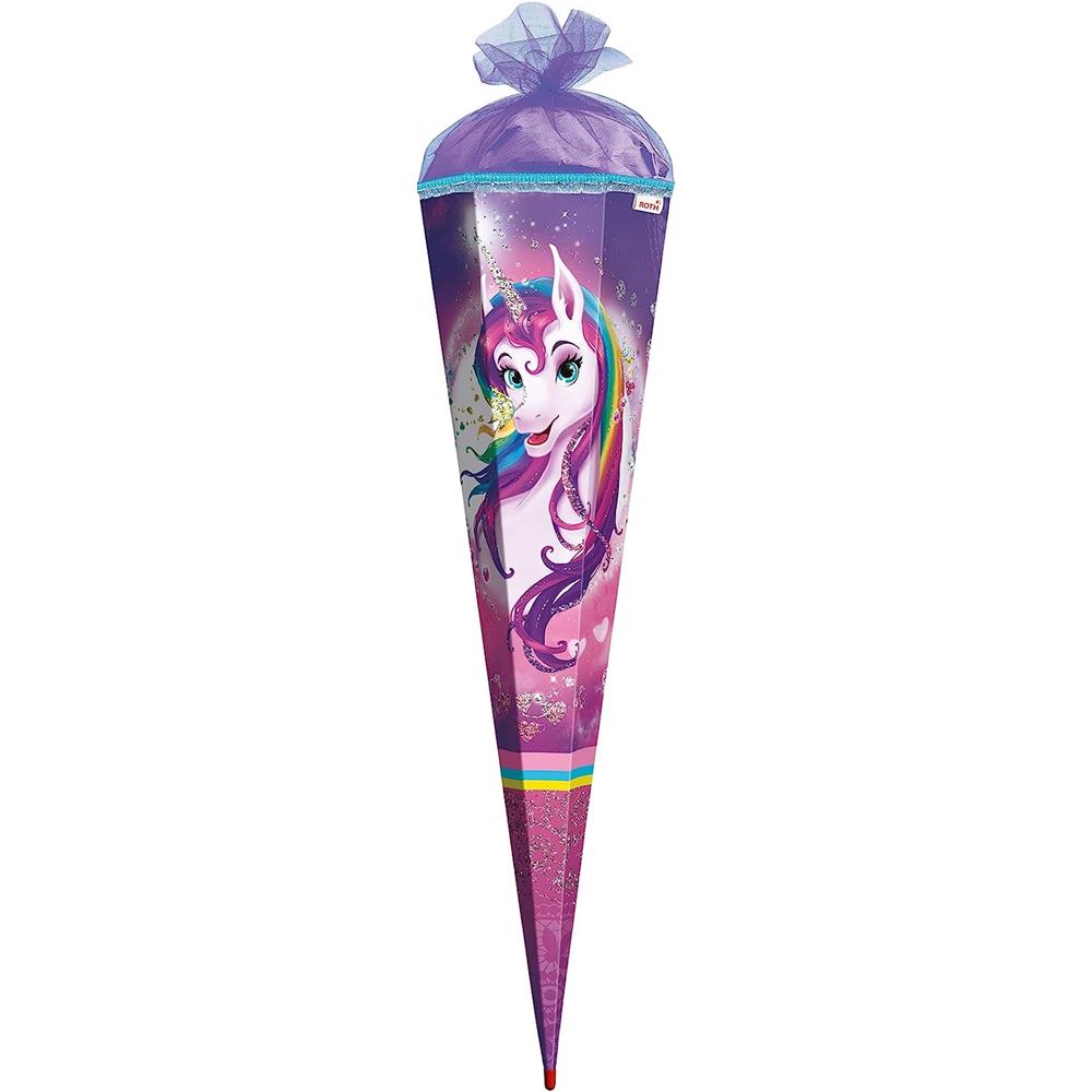 Roth Schultüte Einhornportrait, 85cm, eckig, Rot(h)-Spitze, Tüllverschluss, Glitzer