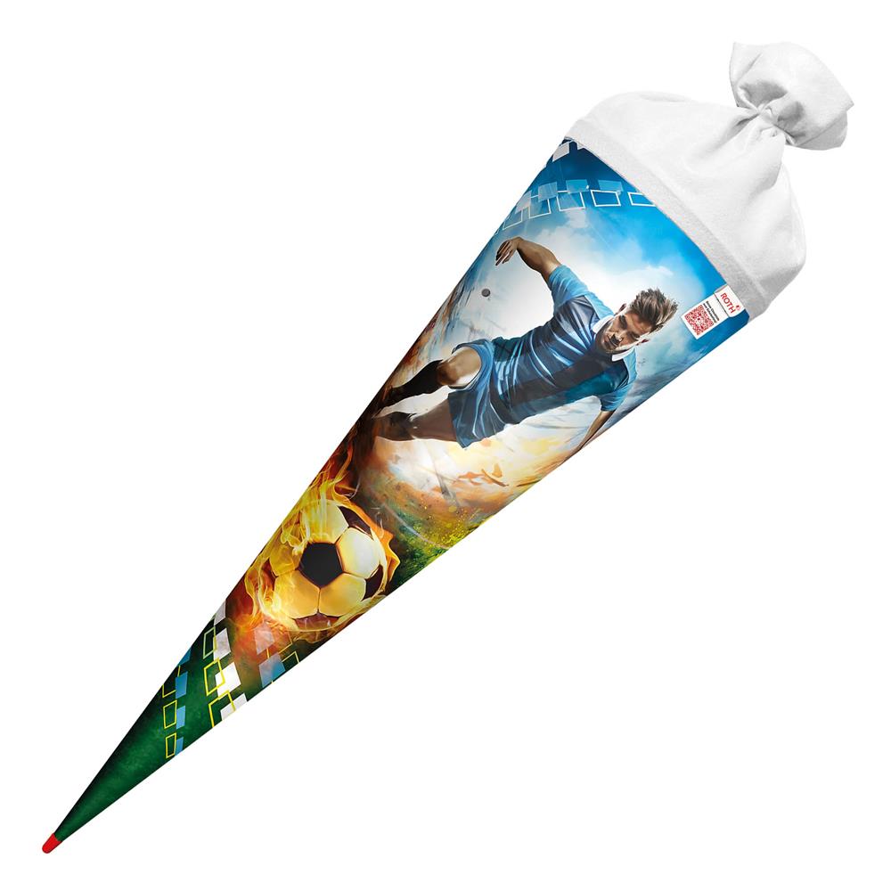 Roth Schultüte Fußballer/Soccer, 70cm, rund, Rot(h)-Spitze, Filzverschluss, mit Sound