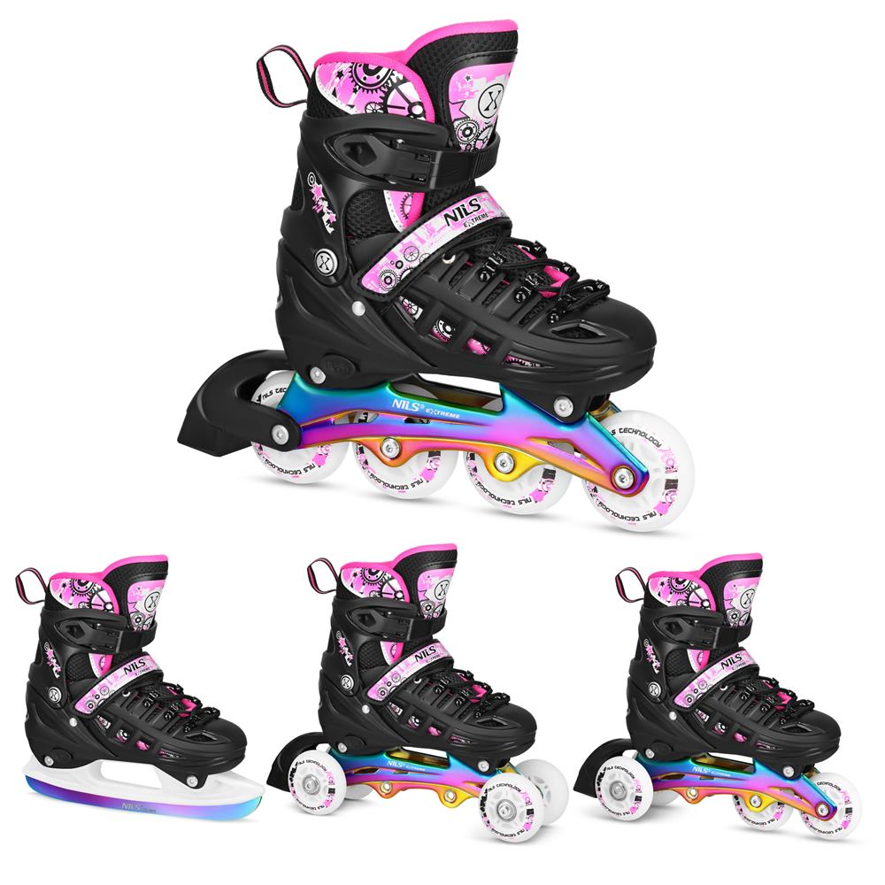 NILS EXTREME NH10905 4in1 LED Inliner Schlittschuhe Rollschuhe Gr. 39-42, Pink-Rainbow, verstellbar