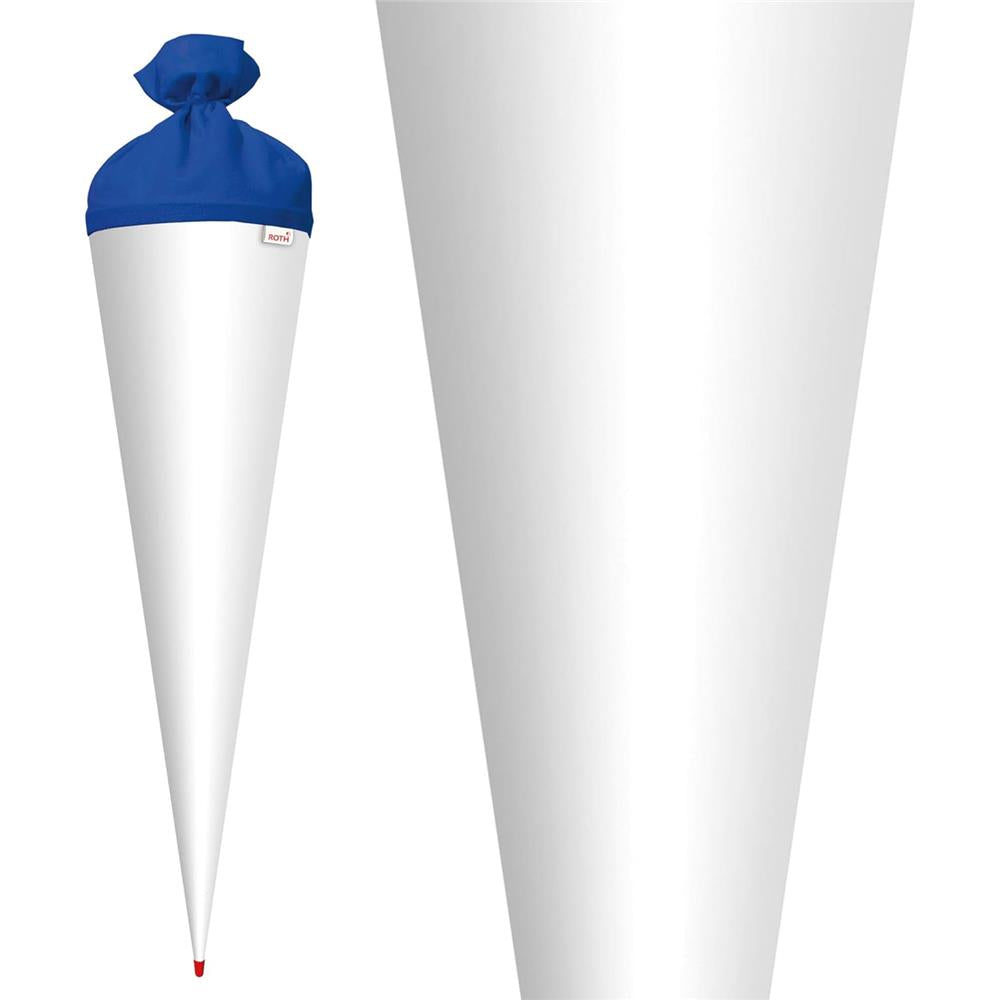 Roth Schultüte-Rohling/Basteltüte, weiß, 70cm, rund, Rot(h)-Spitze, mit Filzverschluss (blau)