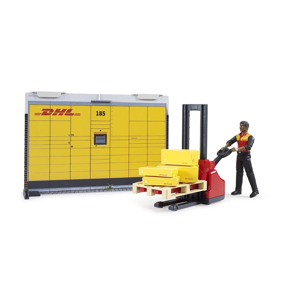 Bruder 62251 - bworld DHL Paketshop mit Handhubstapler und Figur