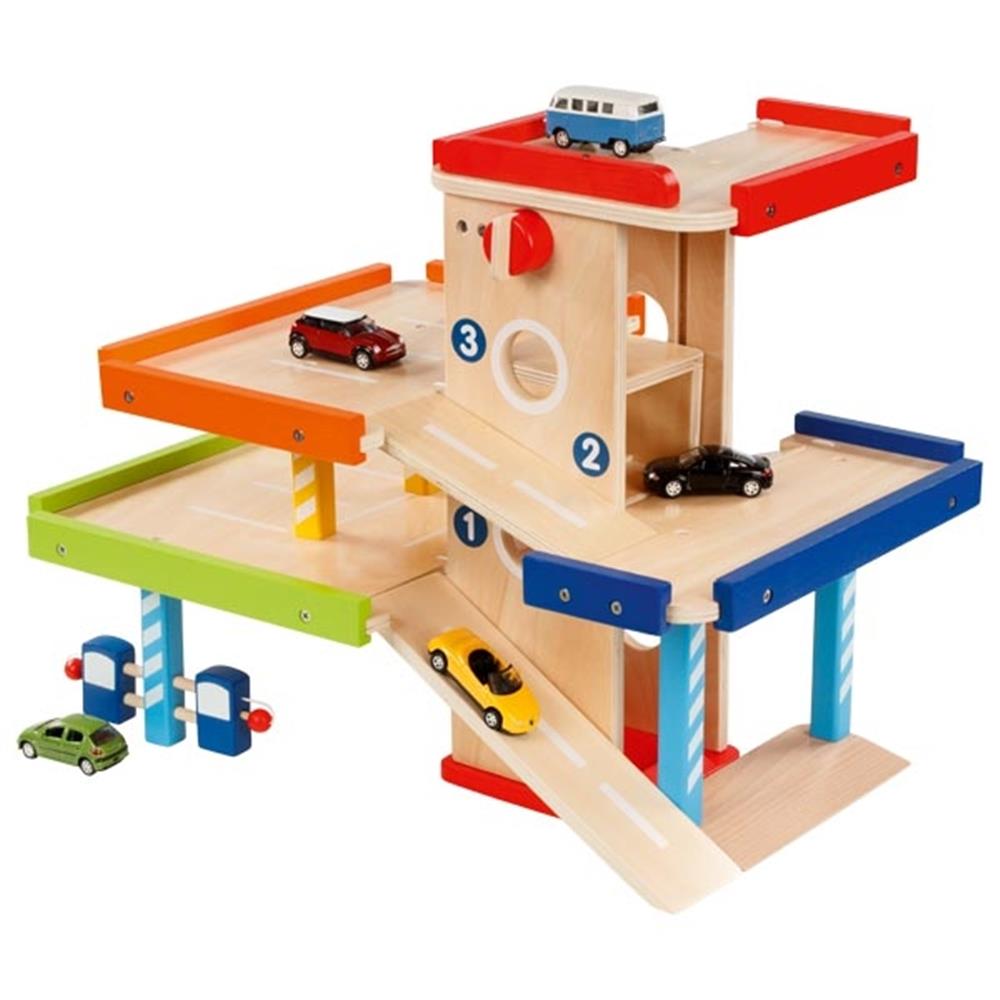 goki Parkhaus mit Tanksäulen und Waschanlage, Holzspielzeug