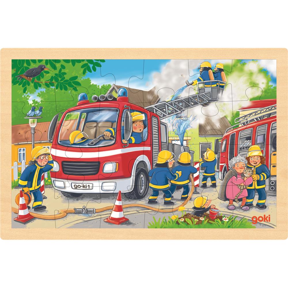goki Einlegepuzzle Feuerwehreinsatz – Holzspielzeug 24-teilig, für Kinder ab 3 Jahren