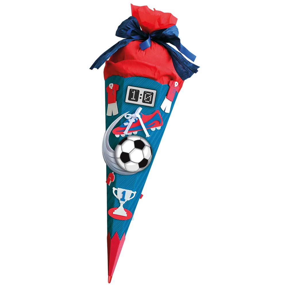 Roth Schultüte-Bastelset, Fußballer/Soccer (rot), 68cm, eckig, Rot(h)-Spitze, Kreppverschluss