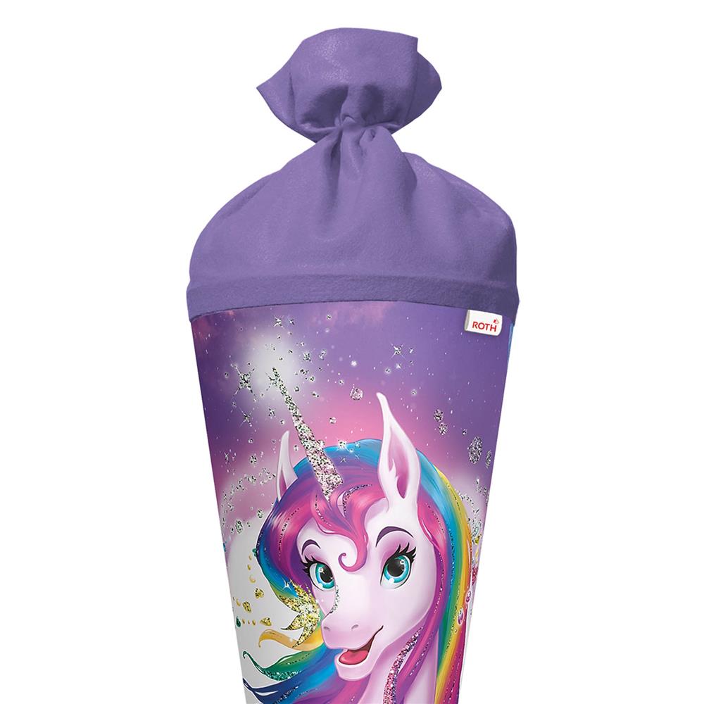 Roth Schultüte Einhornportrait, 70cm, rund, Rot(h)-Spitze, Filzverschluss, Glitter