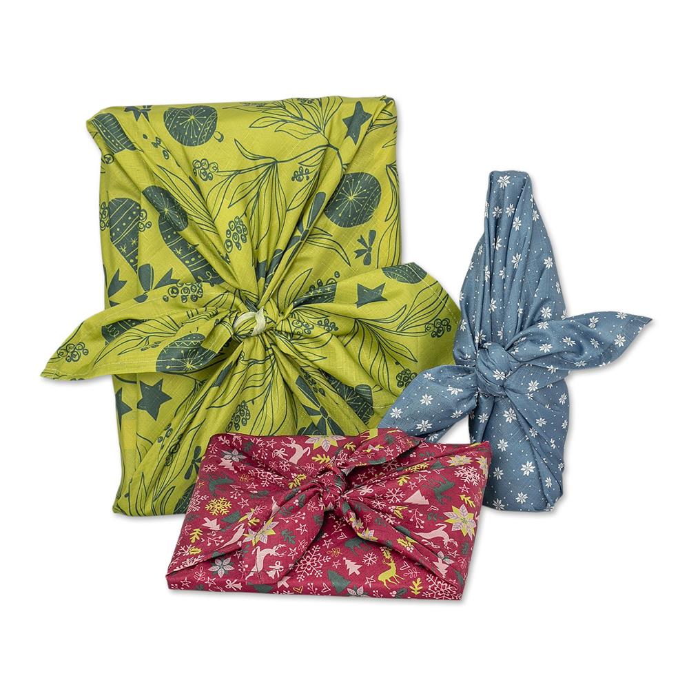 Roth Geschenktuch 3er Set X-Mas wiederverwendbar 2x 50 x 50 cm, 1x 80 x 80 cm