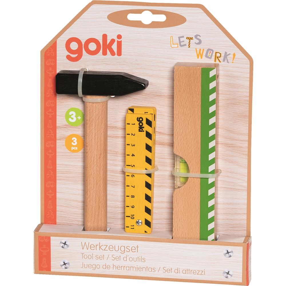 goki Werkzeugset – Holzspielzeug mit Hammer, Zollstock und Wasserwaage, für Kinder ab 3 Jahren