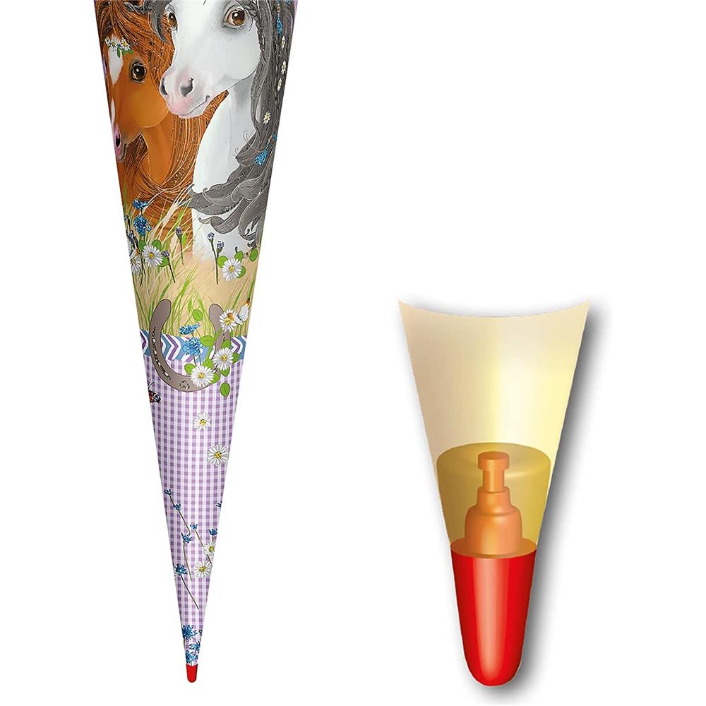 Roth Schultüte Blumenpferde, 70cm, rund, Rot(h)-Spitze, Filzverschluss, Glitter