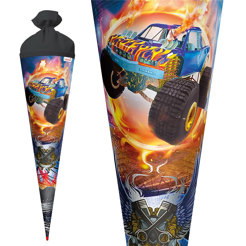 Roth Schultüte Monstertruck Fire, 70cm, rund, Rot(h)-Spitze, Filzverschluss, Folieneffekt