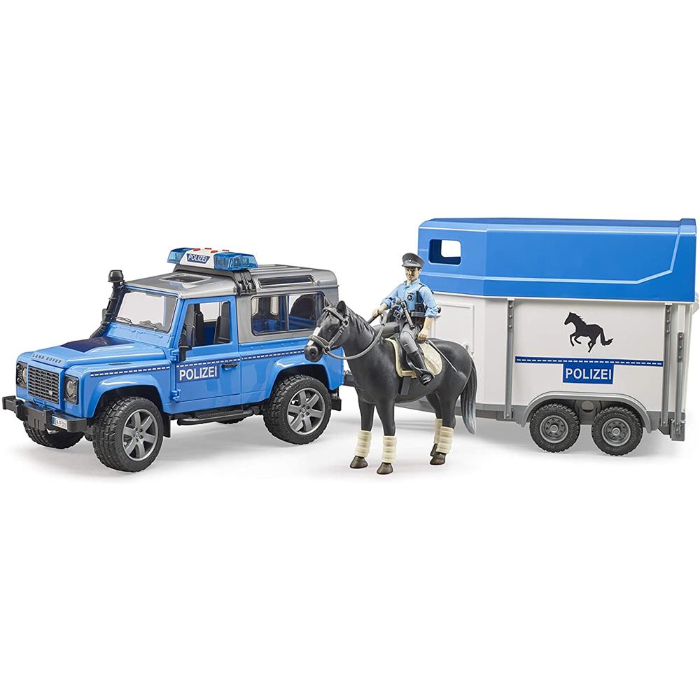 Bruder 02588 - Land Rover Defender Polizeifahrzeug, Pferdeanhänger, Pferd und Polizist