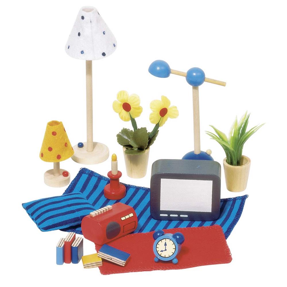 goki Accessoires Wohn- und Schlafzimmer, 17-teiliges Puppenhauszubehör aus Holz