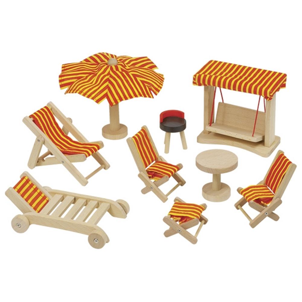 goki Puppenmöbel Gartenmöbel, 9-teiliges Puppenhauszubehör aus Holz
