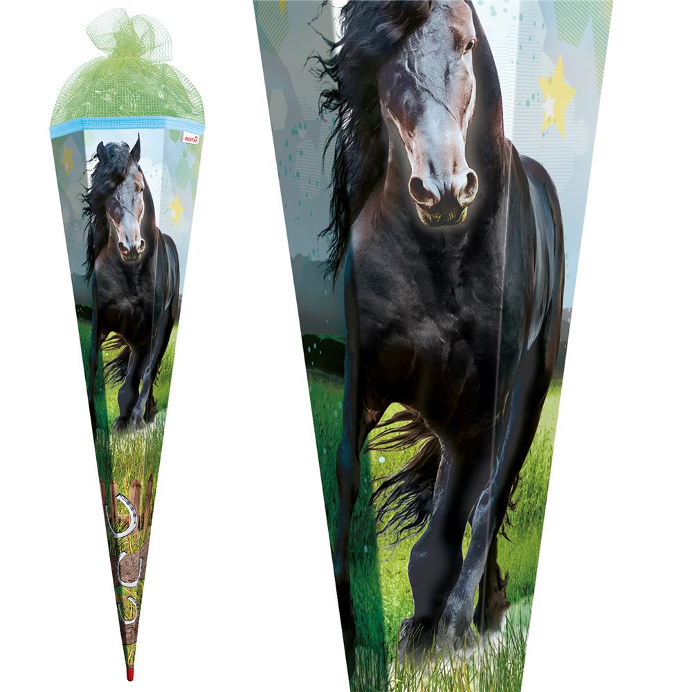 Roth Schultüte Power Pferd, 85cm, eckig, Rot(h)-Spitze, Tüllverschluss (Netztüll)