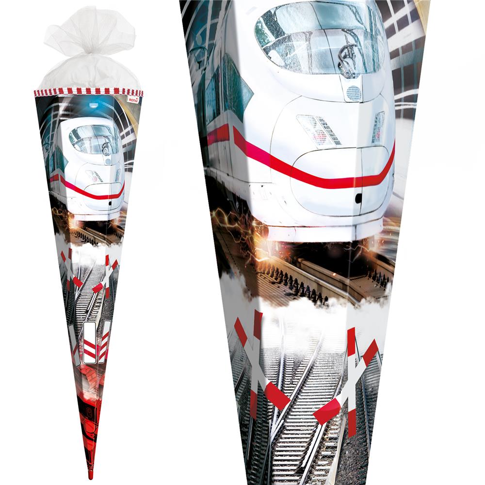 Roth Schultüte Schnellzug, 85cm, eckig, Rot(h)-Spitze, Tüllverschluss, Folieneffekt
