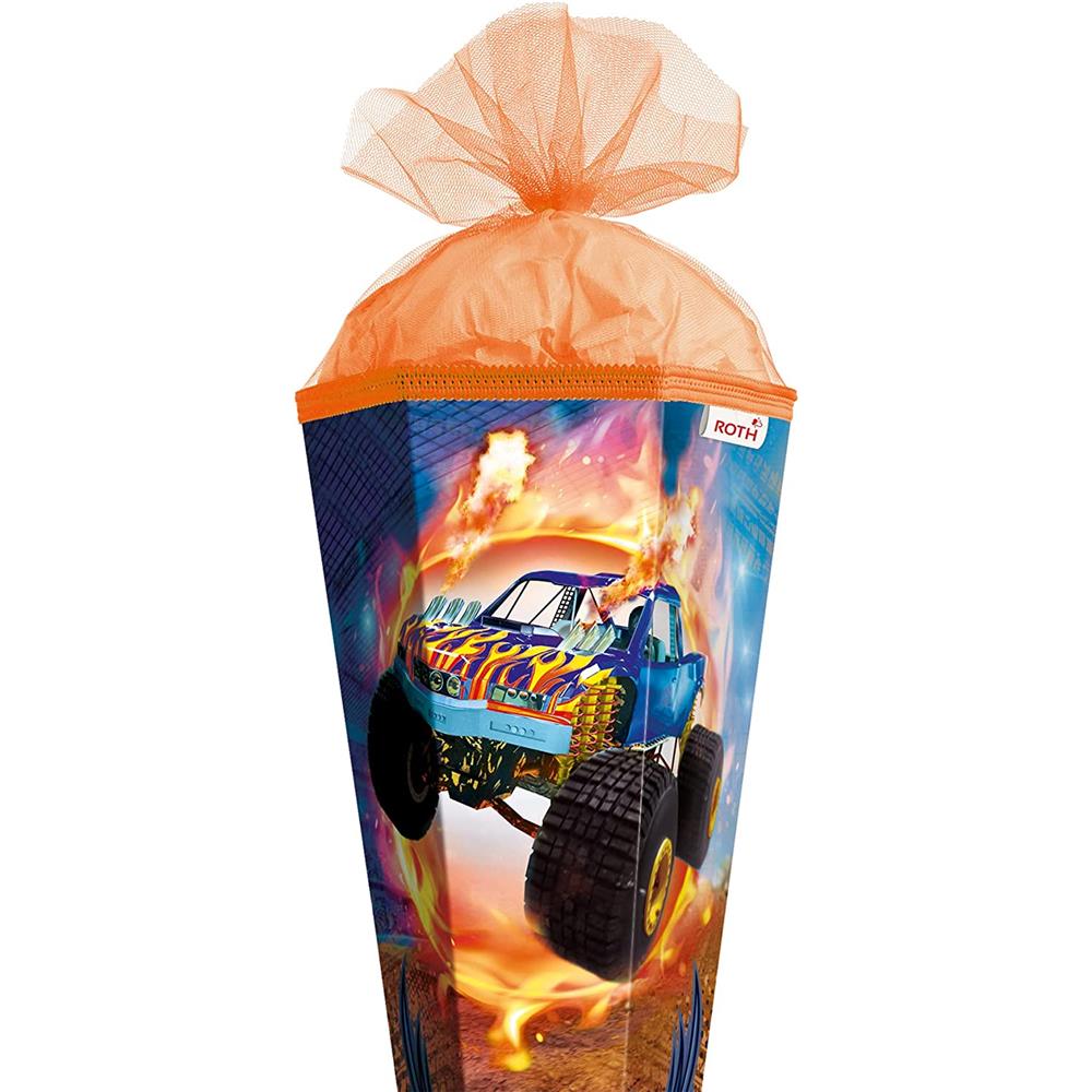 Roth Extra große XXL Schultüte Monstertruck Fire, 100cm, eckig, Rot(h)-Spitze, Tüllverschluss