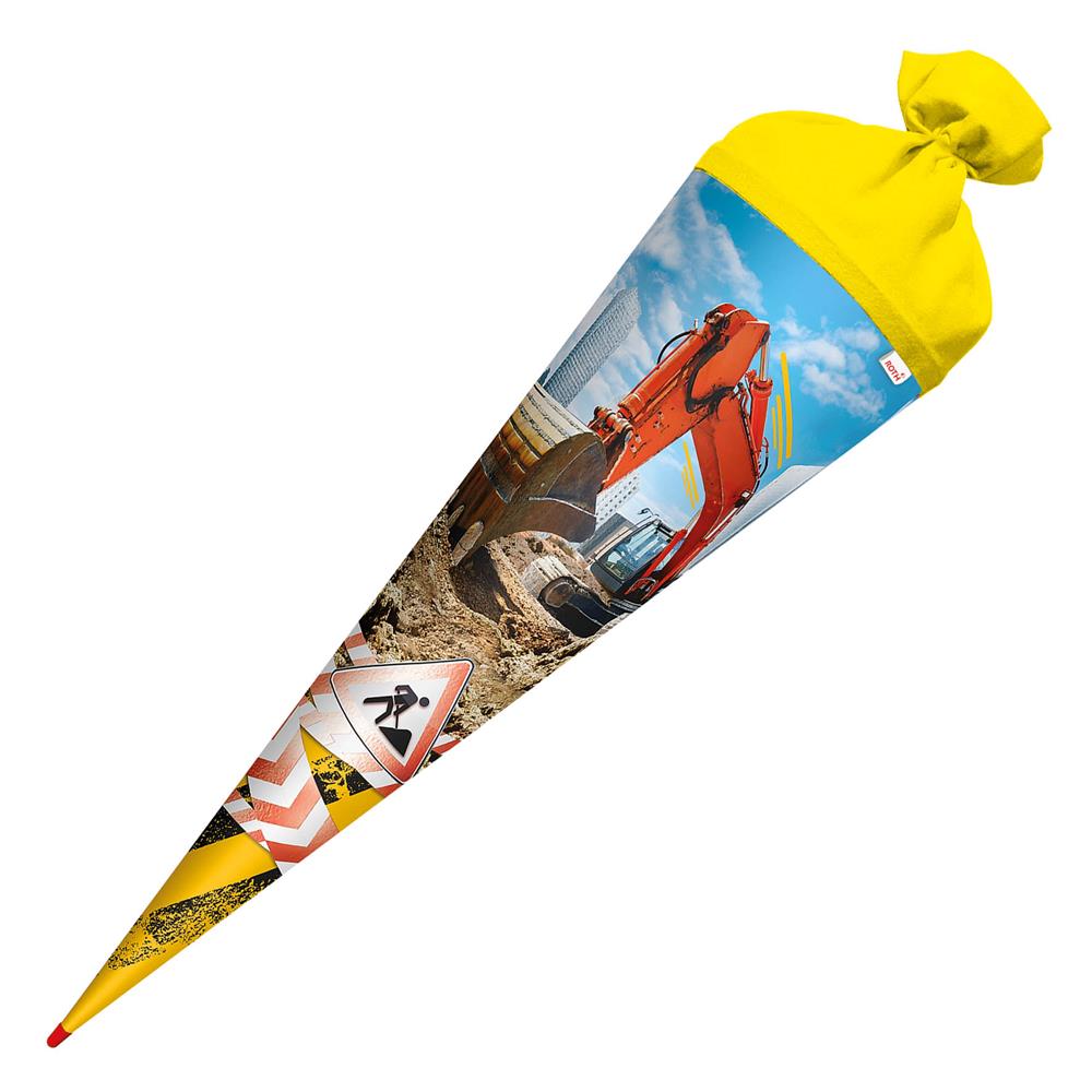 Roth Schultüte Achtung Bagger, 70cm, rund, Rot(h)-Spitze, Filzverschluss, Folieneffekt