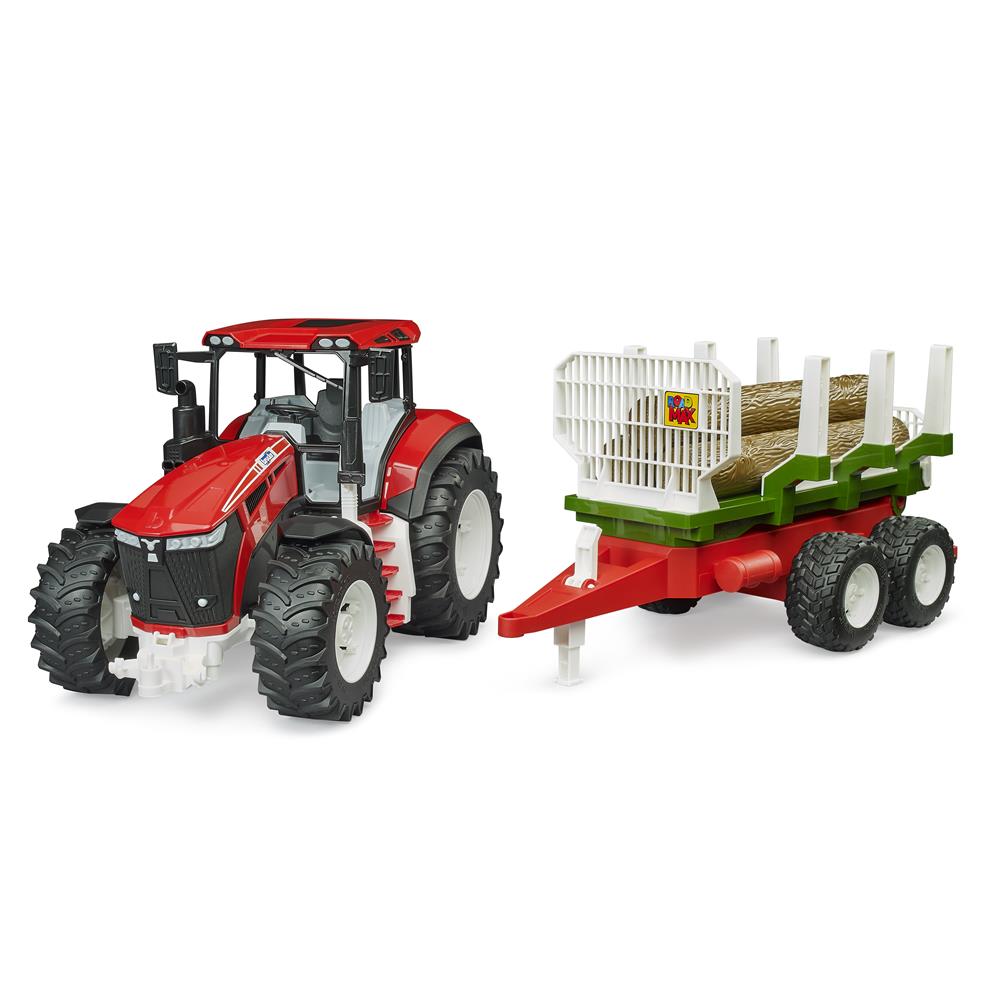 Bruder 03453 – Roadmax Traktor mit Rückeanhänger und 3 Baumstämmen, ab 2 Jahren