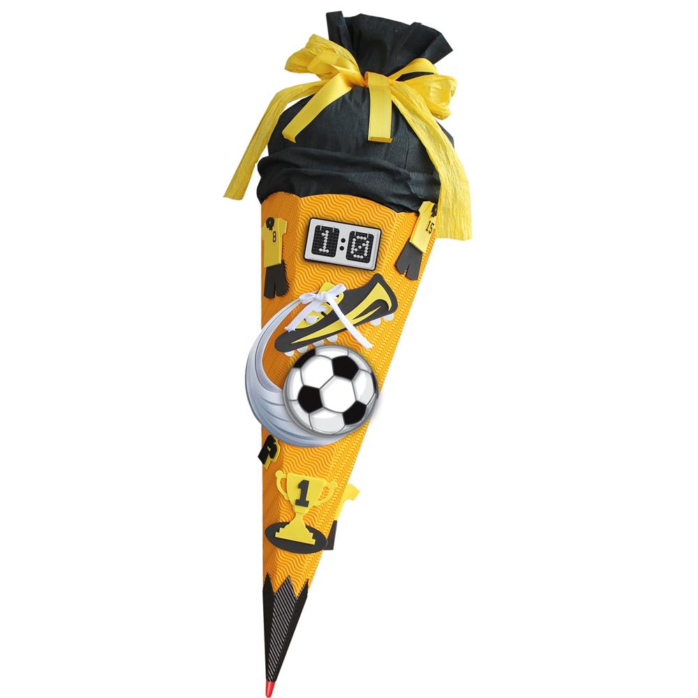 Roth Schultüte-Bastelset, Fußballer/Soccer (gelb), 68cm, eckig, Rot(h)-Spitze, Kreppverschluss