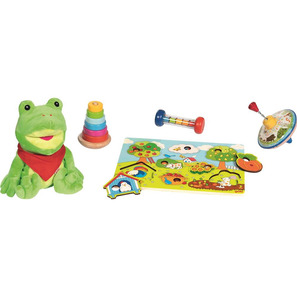 goki Geschenkset – 5-teiliges Spielset aus Holz & Metall, für Kinder ab 18 Monaten