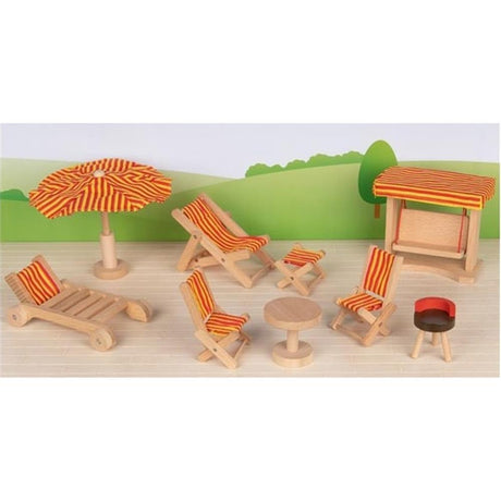 goki Puppenmöbel Gartenmöbel, 9-teiliges Puppenhauszubehör aus Holz