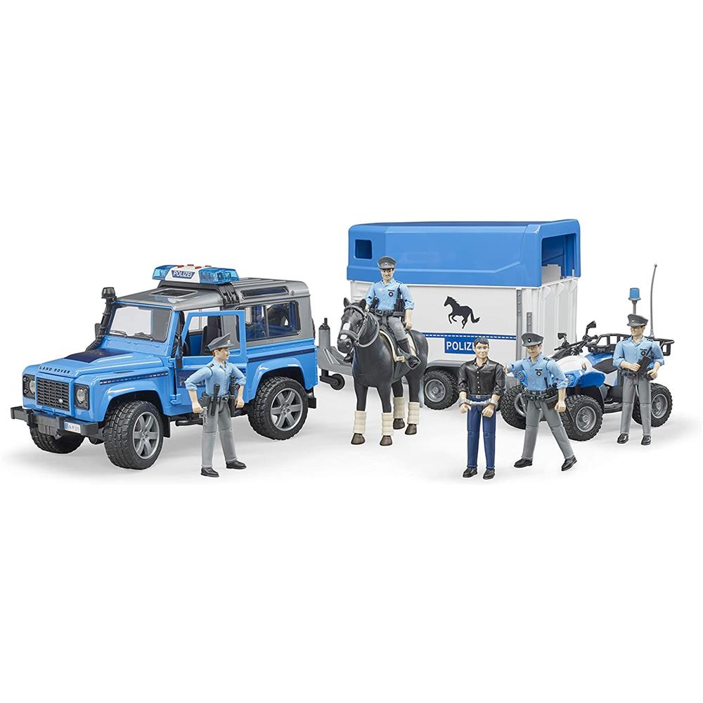 Bruder 02588 - Land Rover Defender Polizeifahrzeug, Pferdeanhänger, Pferd und Polizist