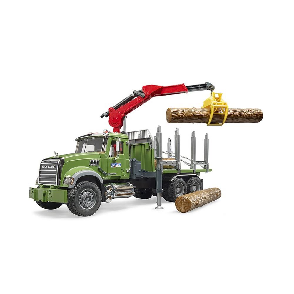 Bruder 02824 - MACK Granite Holztransport LKW, Ladekran, Greifer + 3 Baumstämmen