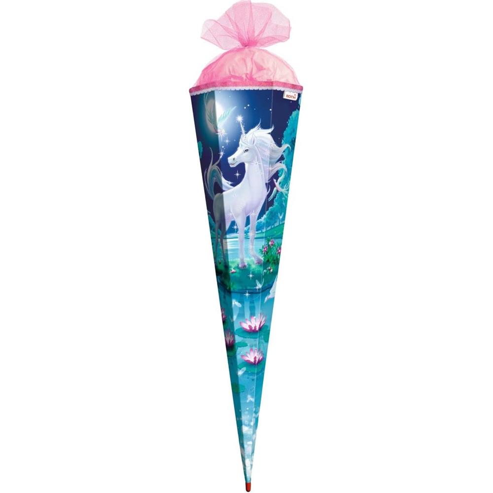 Roth Schultüte Mondscheineinhorn mit Glitter, 85cm, eckig, mit Rot(h)-Spitze und rosa Tüllverschluss