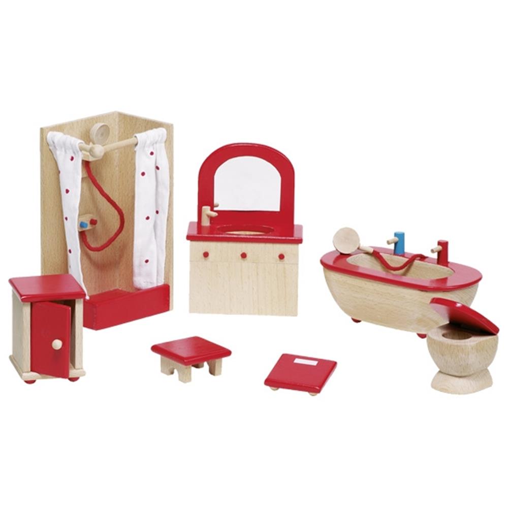 goki Puppenmöbel Badezimmer, 8-teiliges Puppenhauszubehör aus Holz
