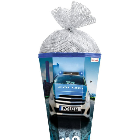 Roth Schultüte Polizei 110, 85cm, eckig, Rot(h)-Spitze, Tüllverschluss (Silbertüll), mit Licht & Sound